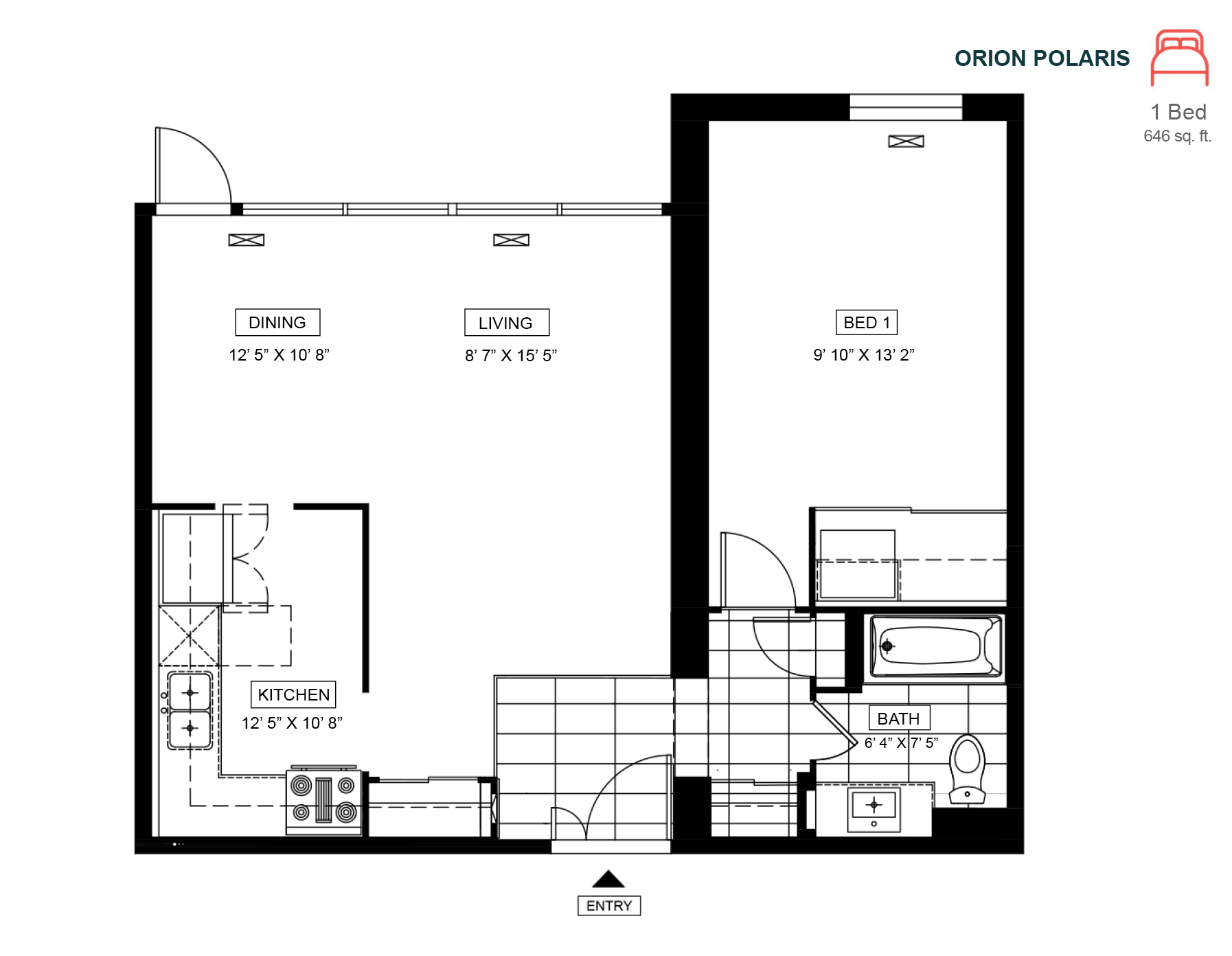 Floor plan for 1 bed, 1 bath, 646 sqft